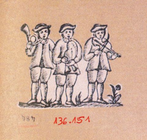 Músics amb violí, cornamusa i trompa (cobla de tres quartans)